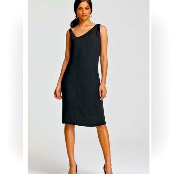 Eileen Fisher Black 100% Silk Georgette Crepe Mesh Strap Sleeveless Sheath Dress - Picture 1 of 16